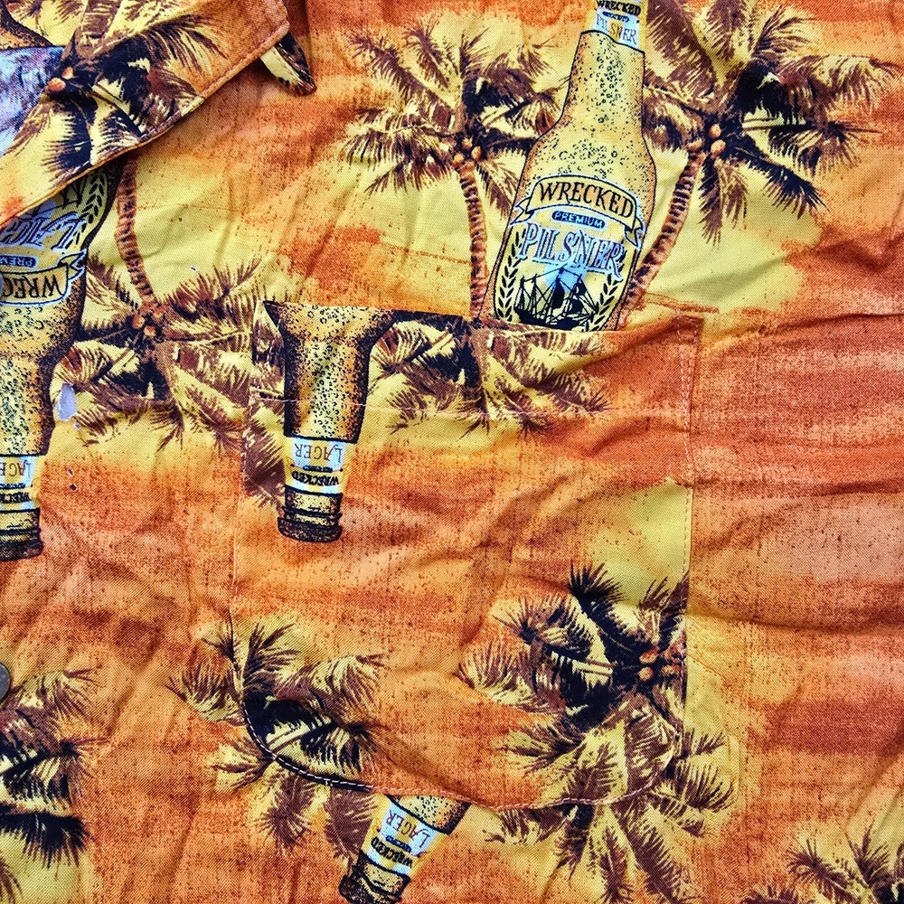 George Hawaiian Shirt Mens XL Orange Button Up Wrecked Lager Beer Bottle Rayon - Picture 3 of 8